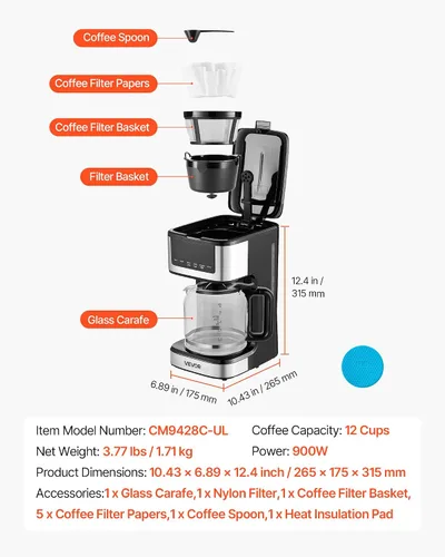 Vista 7 de VEVOR Cafetera programable, cafetera de goteo programable de 12 tazas con pantalla táctil, cafetera de 4 horas para mantener el calor, cafetera