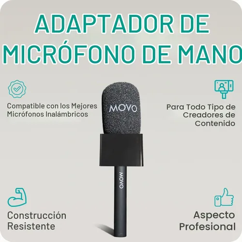 Vista 3 de Movo WMX-HM - Mango de micrófono inalámbrico para entrevistas, adaptador de mano para DJI Mic, RODE Wireless GO y más, incluye bandera de micrófono