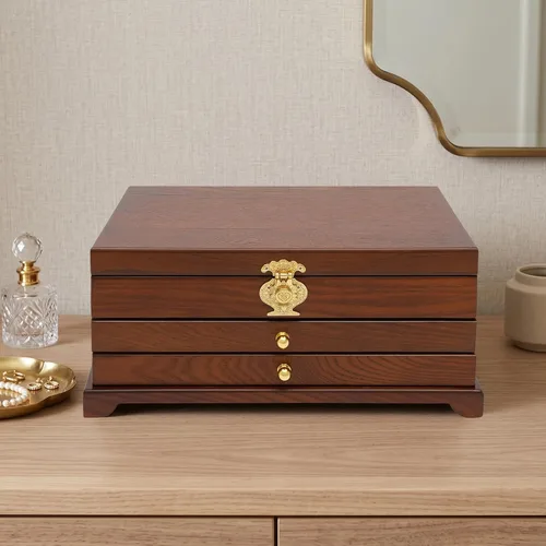 Vista 9 de Wooden Jewelry Box for Women 3-Tier Jewelry Organizer Box Dark Brown