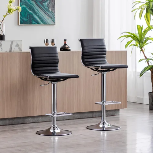 Vista 3 de LZAREAL Juego de 2 taburetes de bar de metal con altura ajustable, diseño moderno de piel sintética negra, con base cromada, para isla de cocina