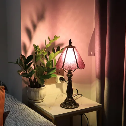 Vista 12 de Tiffany Style Table Lamp White Diamond Stained Glass Lamp 14 Inch Small Lamp,Desk Lamps,6X6X14 Inch,Bronze Resin Base, Antique Lamp,Mini Accent