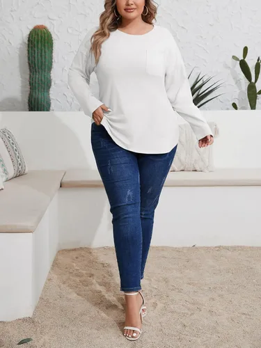 Vista 4 de Wihion Camisetas de Manga Larga Holgadas para Mujer de Algodón Casual Cuello Redondo Color Sólido Túnica con Bolsillo