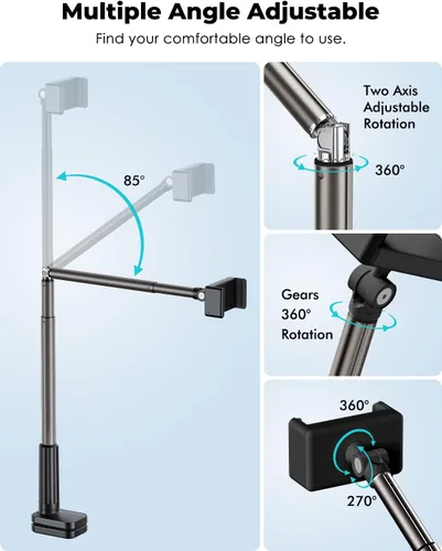 Vista 3 de Viozon Soporte para teléfono, brazo largo flexible, montaje superior, ángulo ajustable de 360°, aleación de aluminio, abrazadera C para cabecero