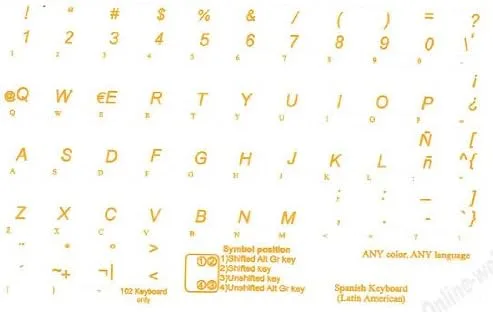 Vista 2 de Pegatinas de teclado latinoamericanas españolas Fondo transparente Letras amarillas para cualquier computadora portátil PC Notebook de escritorio