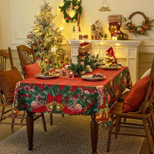 Vista 4 de Softalker Mantel rectangular navideño - Rojo tartán a cuadros impreso con campanas de Navidad y caramelos, manteles de poliéster lavables de tela