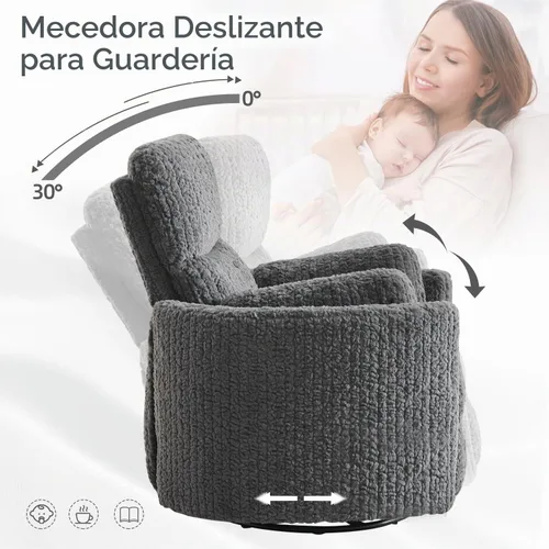 Vista 3 de Silla reclinable mecedora giratoria eléctrica con 2 almohadas, sillas reclinables eléctricas con puerto de carga tipo C y USB para sala de estar Gris