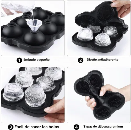 Vista 3 de Bandeja para cubitos de hielo, Mikiwon bandejas para cubitos de hielo en forma de rosa de 2 pulgadas con tapas, molde para bolas de hielo