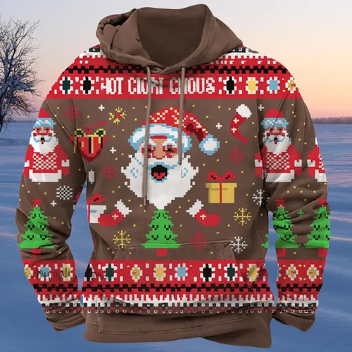 Vista 3 de Sudadera de Navidad para Hombres de Manga Larga con Capucha Gráfica de Moda Casual Holgada con Estampado de Santa Claus Tops Pullover de Navidad