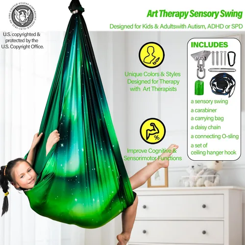 Vista 2 de Columpio sensorial para niños y adultos con capacidad para hasta 300 libras en interiores y exteriores, columpio de terapia de abrazo de doble capa