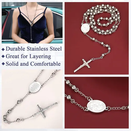 Vista 5 de FaithHeart Christian Rosary Bead Cross Necklace for Women Men, Stainless Steel Praying Rosary Y Necklace Jewelry, Gift Box
