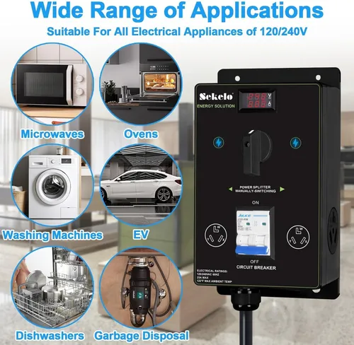 Vista 9 de Interruptor manual de carga EV para secadora y vehículos eléctricos, NEMA 10-30, 240V, 24A 5.76kW potencia máxima divisor, con interruptor