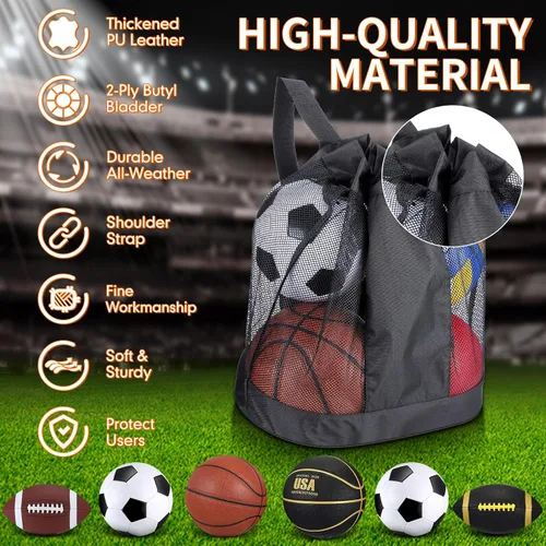 Vista 3 de Lenwen Juego de 6 pelotas deportivas para niños y adolescentes, incluye balón de fútbol de baloncesto de tamaño oficial con bolsas