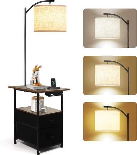 Vista 8 de PESRAE Lámpara de pie con mesa y 2 cajones, mesa auxiliar con luz de lectura de 3 temperaturas de color, lámpara de mesa lateral con USB y puertos