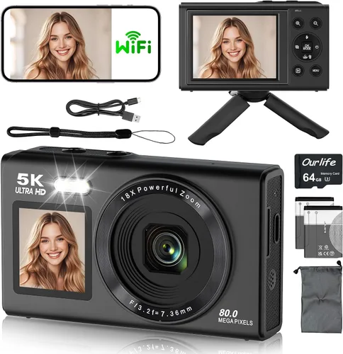 Vista 9 de Cámaras digitales 5K 80MP para fotografía con trípode 2 baterías 64GB Dual Screen Autofocus Vlogging Camera for YouTube,Compact Point and Shoot