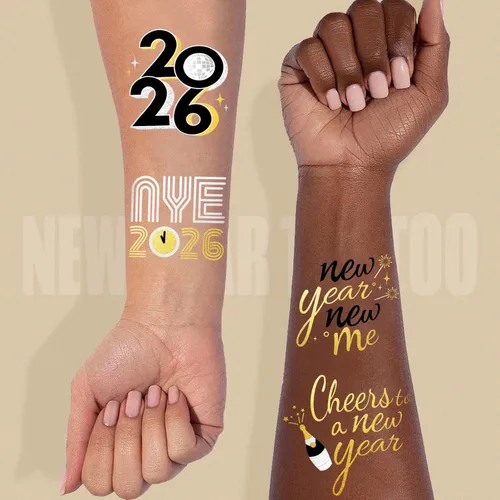 Vista 3 de Suministros para fiestas de Año Nuevo 2026 – 40 diseños de tatuajes temporales con purpurina, tatuajes metálicos negros/dorados Decoraciones
