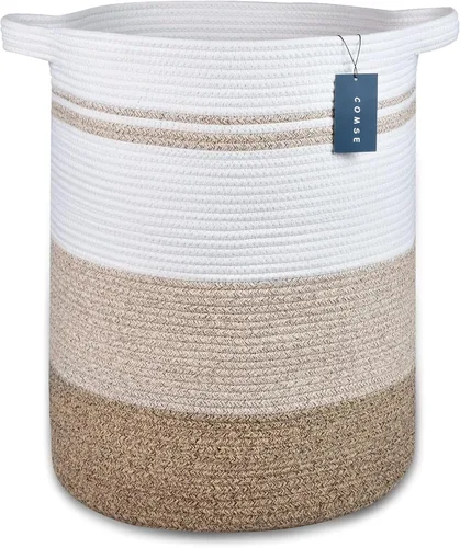 Vista 13 de COMSE Cesta de manta extragrande, canasta alta para ropa sucia, cesta de guardería, 15.7 x 21.7 pulgadas, cesta de ropa tejida con cuerda de algodón