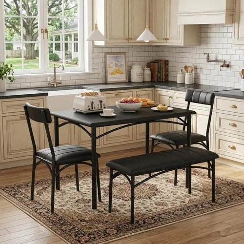Vista 2 de IDEALHOUSE Juego de mesa de comedor para 4, mesa de cocina con sillas para 4, mesa de comedor rectangular de madera con banco tapizado para espacios