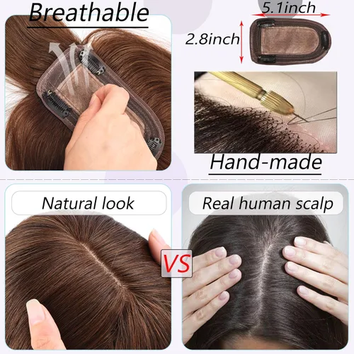 Vista 5 de Toppers para el cabello para mujeres con cabello delgado, base de seda real con flequillo, toppers para mujer, con clip en el cabello para mujer