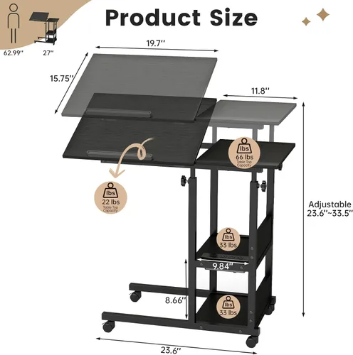 Vista 2 de Hadulcet Mesa C Ajustable con Estación de Carga, Escritorio Inclinable Mesa Auxiliar en Forma de C para Sofá, Soporte sobre Cama con Ruedas
