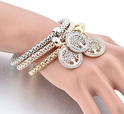 Vista 3 de Long Way 3 pulseras de abalorios chapados en oro rosa y plata para mujer pulsera elástica multicapa de cristal