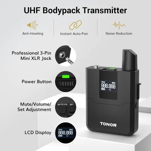 Vista 6 de TONOR Sistema de Micrófono Inalámbrico, Juego de 4 Micrófonos de Mano Inalámbricos UHF de 10 Canales con Auriculares/Micrófonos de Solapa Lavalier