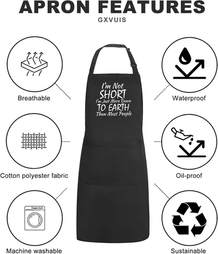 Vista 5 de Delantal para mujer con 2 bolsillos I'm Not Short Graphic impermeable, ajustable, para cocina, cocina, barbacoa, parrilla