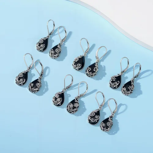 Vista 5 de Aretes colgantes de margaritahibiscolotorosapeoníagirasol, plata de ley 925, lágrima, ónix negro, aretes colgantes de flores vintage, regalos