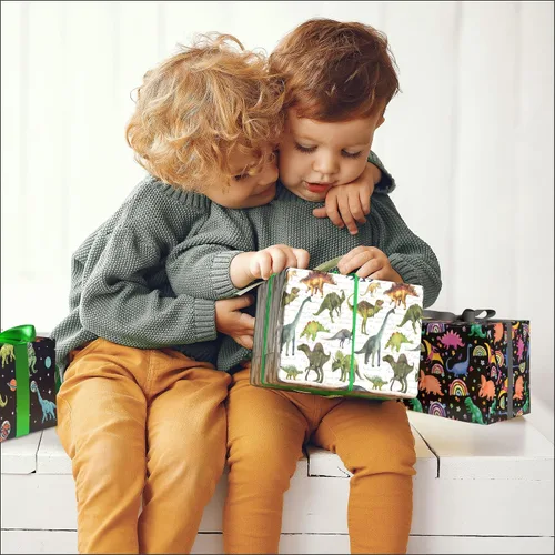 Vista 6 de RiukRaiu Papel de regalo de dinosaurio para niños y niñas, divertido papel de regalo T-Rex para cumpleaños, fiesta, baby shower, 8 hojas plegadas