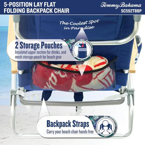 Vista 7 de [Usado] Tommy Bahama - Silla plegable clásica para playa con 5 posiciones y mochila, rayas azules y verdes, 23 x 25.25 x 31.5 pulgadas