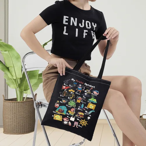Vista 7 de LEVLO Pirate Life - Bolsa de lona con texto en inglés "Pirate Life", regalo inspirado en la cita de pirata, bolso de hombro con alfabeto A-Z