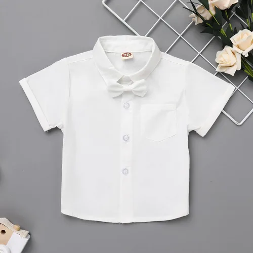 Vista 4 de Baby Boy Baptism Christening Outfit Bowtie Dress Shirt Suspenders Shorts Summer Wedding Party Formal Ring Bearer Suits