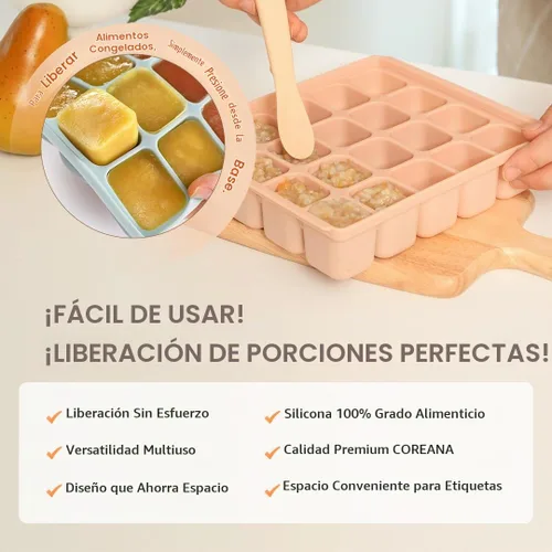 Vista 6 de Bandeja de silicona para congelador, cubos de almacenamiento de comida para bebé con tapa a clip, congelar comida para bebé, sopas, purés, hielo