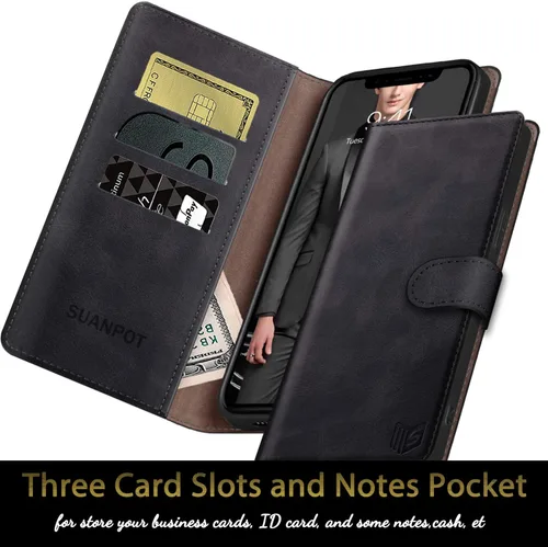 Vista 4 de SUANPOT Funda de piel tipo cartera para iPhone 11 Pro Max de 6.5 pulgadas con bloqueo RFID, soporte para tarjetas de crédito, funda de teléfono