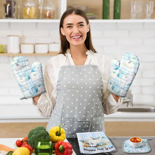 Vista 6 de Bencailor - Juego de 6 manoplas de cocina de otoño para ollas y guantes de horno, guantes de horno de calabaza azul, soportes para ollas de cosecha