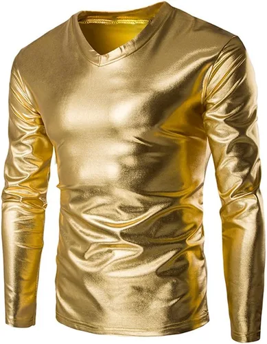 Vista 4 de VOWUA Camisas para hombre, túnica metálica, brillante, aspecto mojado, camiseta de charol, hip hop, discoteca, fiesta, blusa