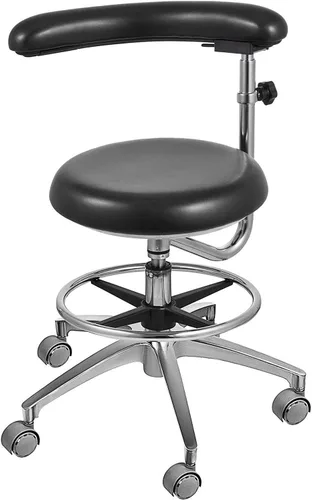 Vista 5 de Marca Negro Asistente Taburete 360 ° Rotación Apoyabrazos Dental PU Respaldo De Cuero Médico Uso De La Oficina