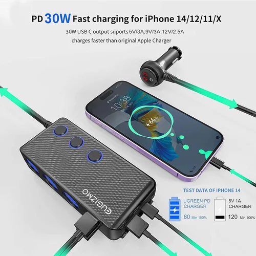 Vista 3 de Eugizmo - Divisor de encendedor de cigarrillos 7 en 1, adaptador de cargador de 3 zócalos de 200 W 12V/24V Plug Extension Cord PD 30W USB Power