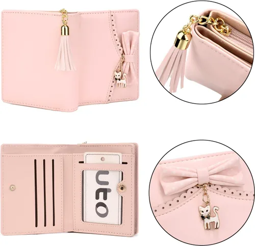 Vista 4 de UTO Cartera para niñas de piel sintética con colgante de gato con borla y cremallera, organizador de tarjetas para mujer, pequeño y lindo monedero