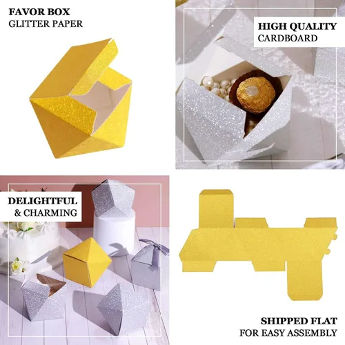 Vista 4 de Efavormart - 25 cajas de regalo de boda con purpurina dorada, forma geométrica de 3 x 4 pulgadas