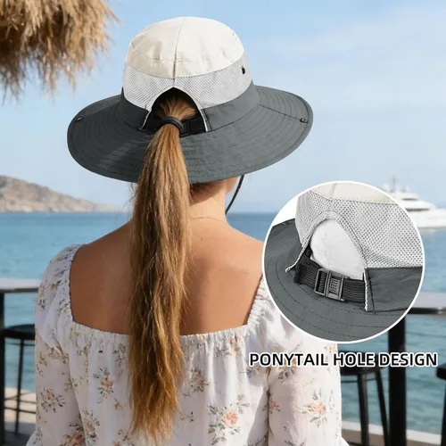Vista 20 de Rosoz Sombreros de cola de caballo para mujer, protección UV, ala ancha 1 paquete-negro