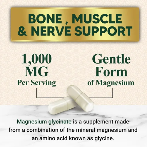 Vista 3 de Glicinato de magnesio 1000mg – Magnesio quelado para soporte de huesos, músculos, nervios y corazón, 500mg por cápsula para ultra absorción, soporte