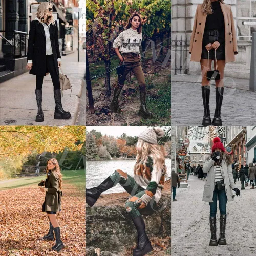 Vista 2 de CELNEPHO - Botas para mujer, estilo de combate, punk, de plataforma alta, hasta mitad de la pantorrilla, de cuña, con tacones altos y gruesos