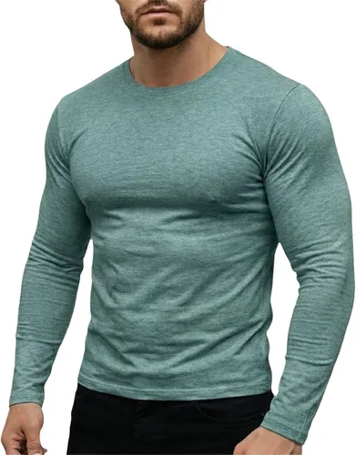 Vista 13 de Camiseta muscular para hombre, cuello redondo, manga larga, suave, elástica, básica, casual
