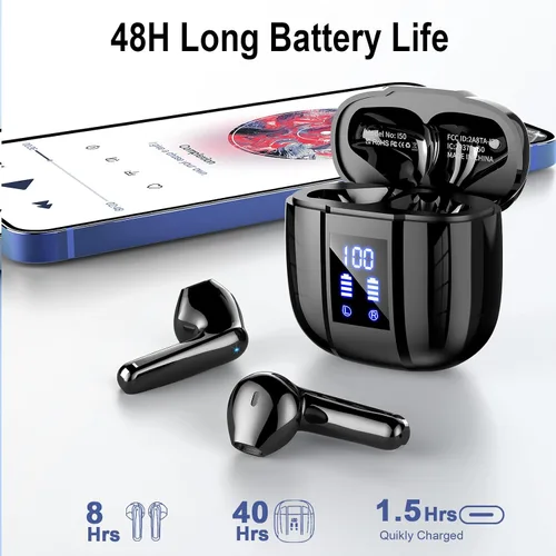 Vista 4 de Auriculares inalámbricos, auriculares Bluetooth 5.4, 48H+, auriculares estéreo, auriculares con pantalla LED con micrófono, IP7 impermeable
