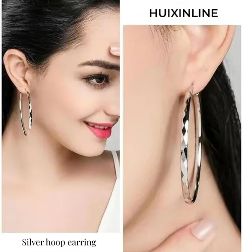 Vista 6 de Aretes de aro de plata de ley para mujer, 3 pares de arracadas grandes de plata chapada en oro blanco de 14 quilates, hipoalergénicos, ligeros