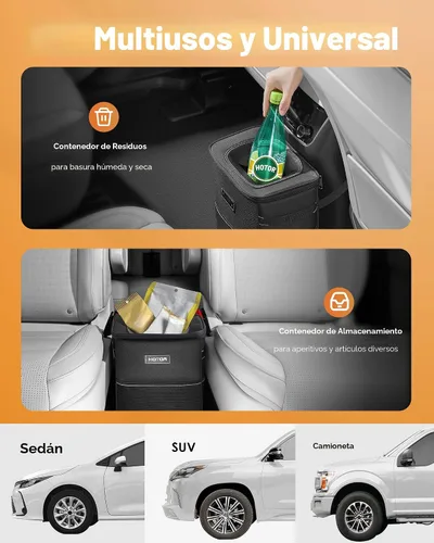 Vista 6 de HOTOR - Organizador de auto con tapa y bolsillos de almacenamiento, 100 % a prueba de fugas, resistente al agua, cubo de basura para autos Negro