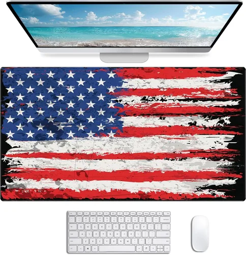 Vista 11 de Alfombrilla de ratón para juegos grande con bandera americana, alfombrilla XXL para laptop y teclado, decoración de escritorio de oficina de 35.4 x