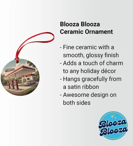 Vista 2 de Retro Americana 1950's Gas Station Convenience Store Round Ceramic Holiday Christmas Tree Ornament