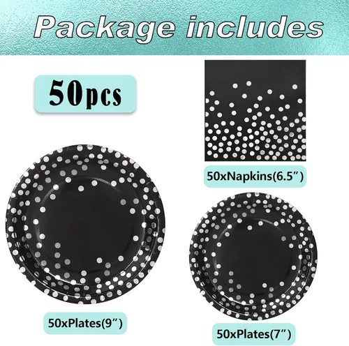 Vista 6 de 150 platos negros y servilletas suministros para fiesta, platos de papel negro Severs 50, decoraciones de fiesta plateadas para graduación