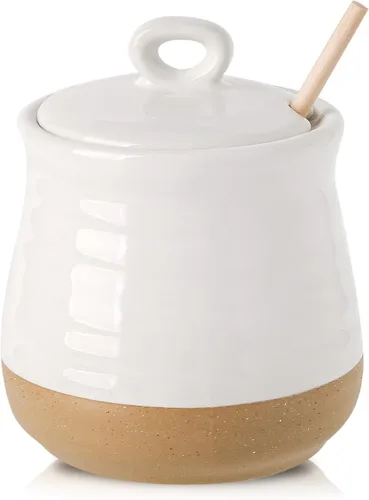 Vista 9 de HASENSE Olla de cerámica para miel con tapa, frasco de miel de 12 onzas con cucharón de madera, juego de palito y frasco para miel, lindo recipiente
